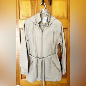 London Fog Womens Zip Up Hooded Jacket Size 9/10 Tan Fitted Pockets Vintage